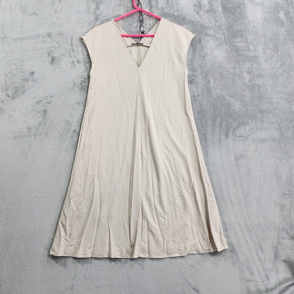 Zara Dress Womens S Beige Sleeveless V-Neck A-Line Jersey Midi Casual Summer